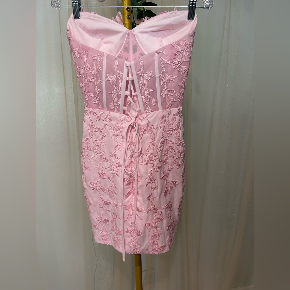 Pink Floral Lace Corset Strapless Mini Dress Size 0 - Picture 3 of 3
